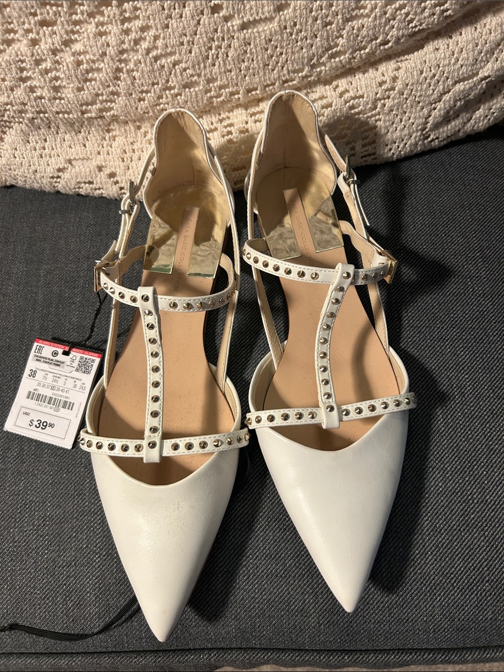 Zara White Studded Pointed Toe T-Strap Flats